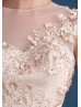 Blush Pink Tulle Lace Sheer Neckline Long Evening Dress